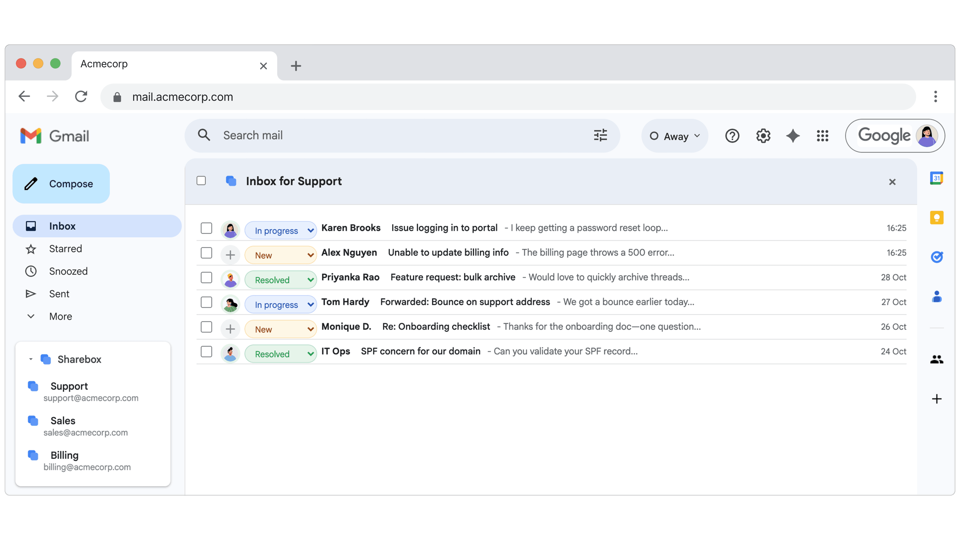 {site} app screenshot showing Gmail interface with shared inbox features
